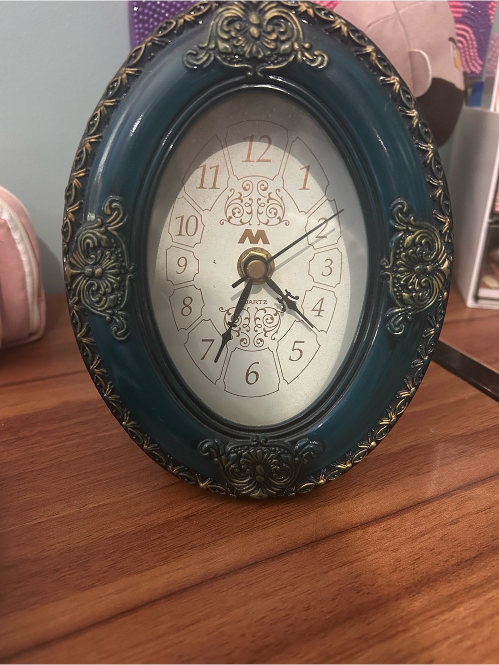 Vintage Ornate Oval Clock in Teal and Gold Accent